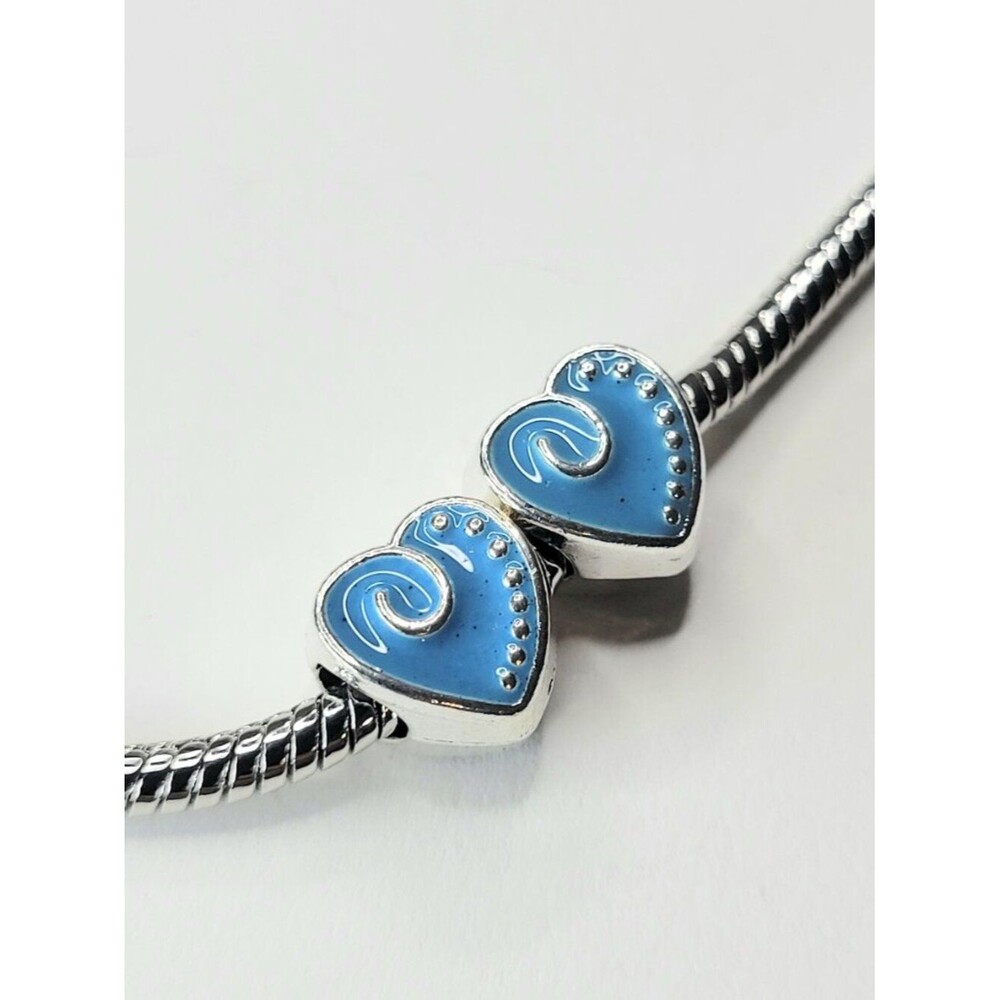 New! For Pandora Bracelets TWO Bright Blue And Silver Color Chunky Heart Charms